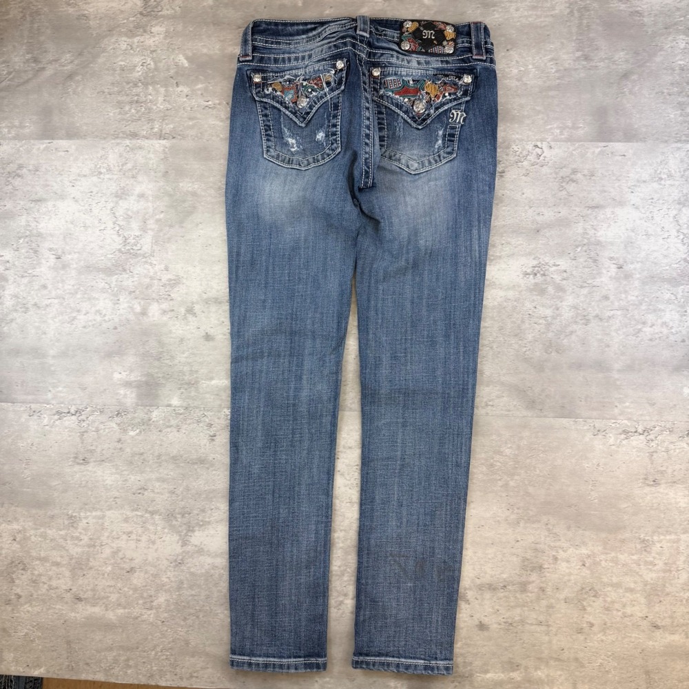Miss Me‎ Signature Cuffed Skinny Jeans 28 Distressed Embroidered Rhinestone Blue